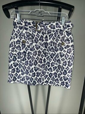 Banana Republic White and Navy Leopard-Print Belted Mini Skirt